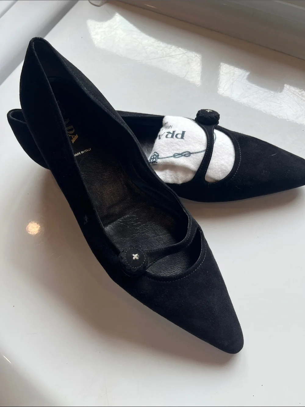 Prada Black Suede Pointed-Toe Mary Jane Flats - Picture 3 of 11